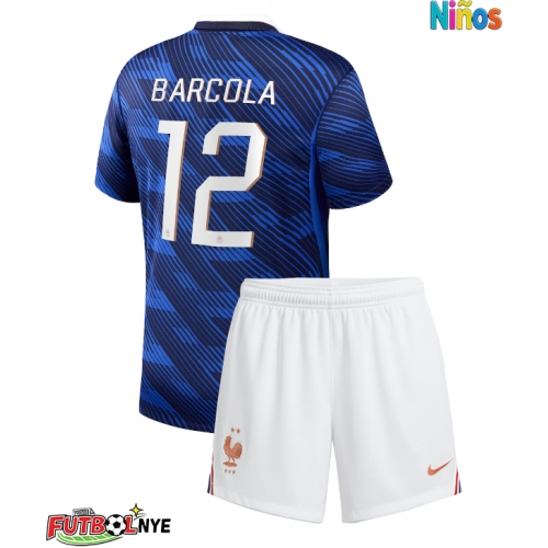 Camiseta Francia Bradley Barcola #12 Primera Equipación para niños Mundial 2026 manga corta (+ pantalones cortos)